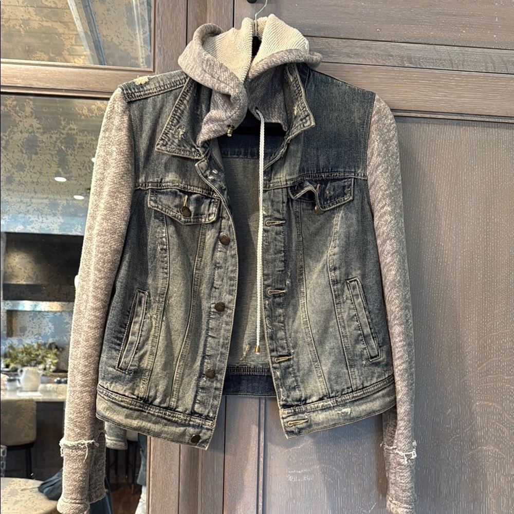Free People Layered Look Denim and Gray Hoodie Jacket